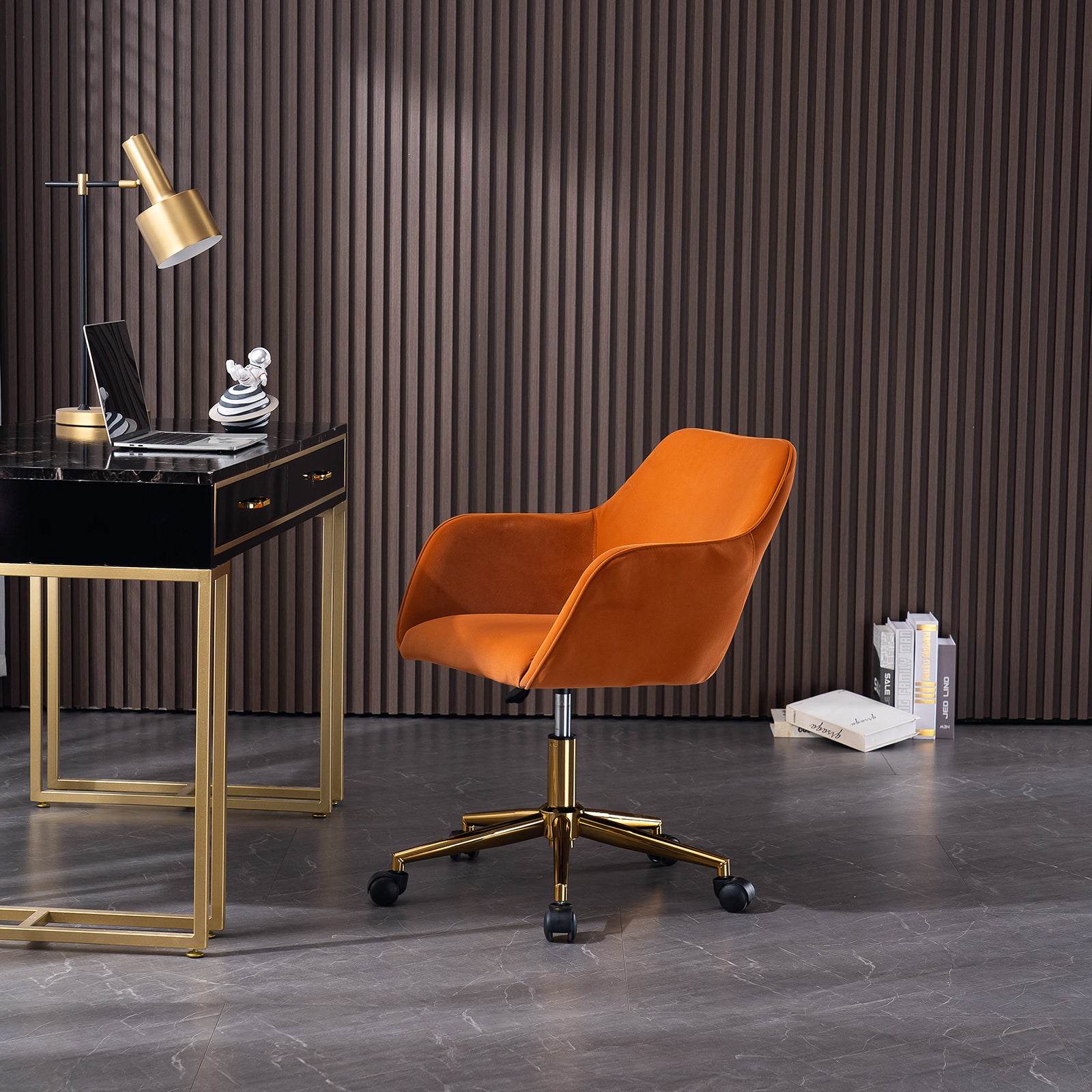 Home Office Chair with Gold Metal Legs and Universal Wheels - Orange