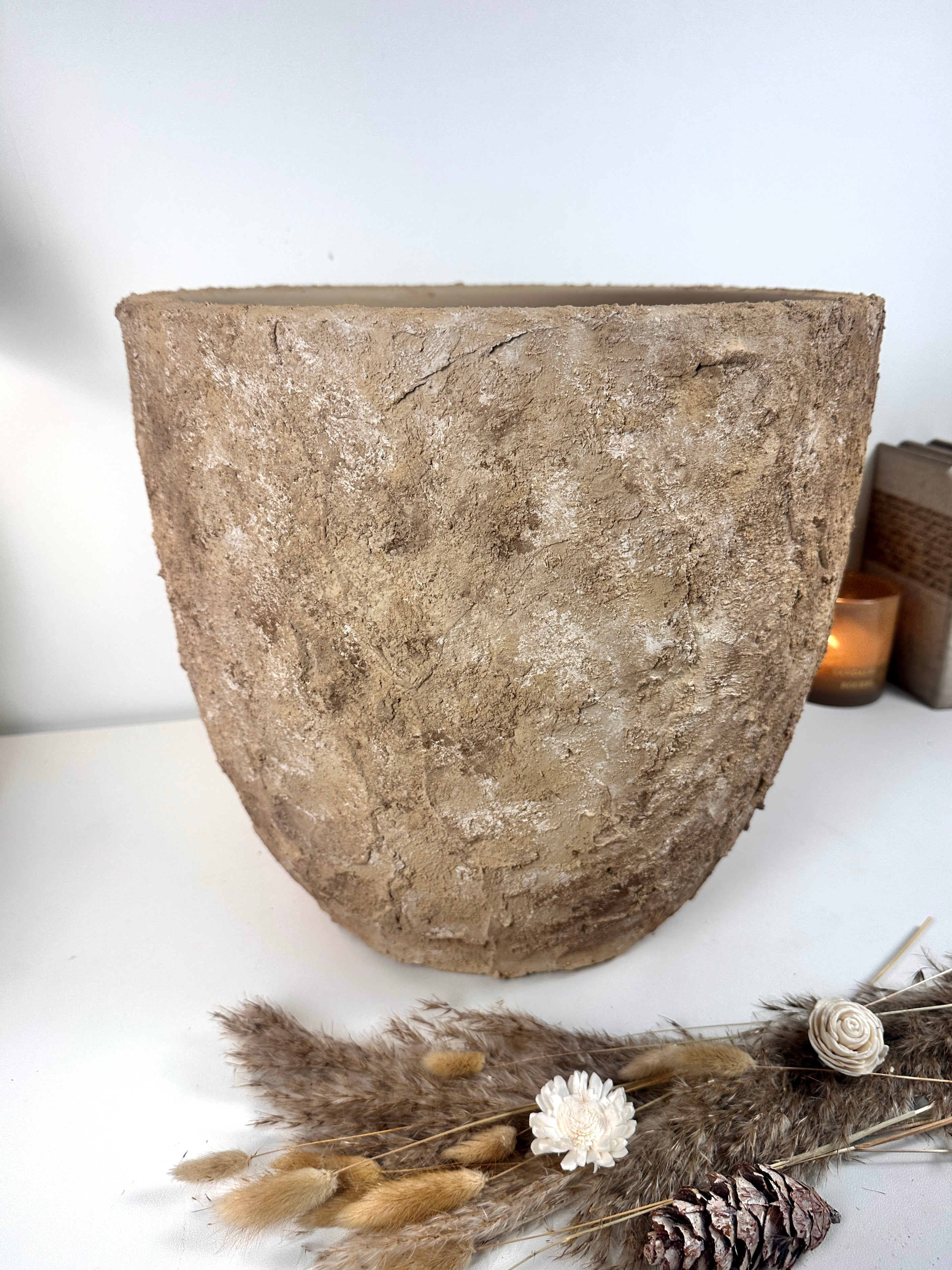 Rustic Hand-Painted & Textured Planter Pot 14" tall with drainage hole one time creation - Espresso Brown