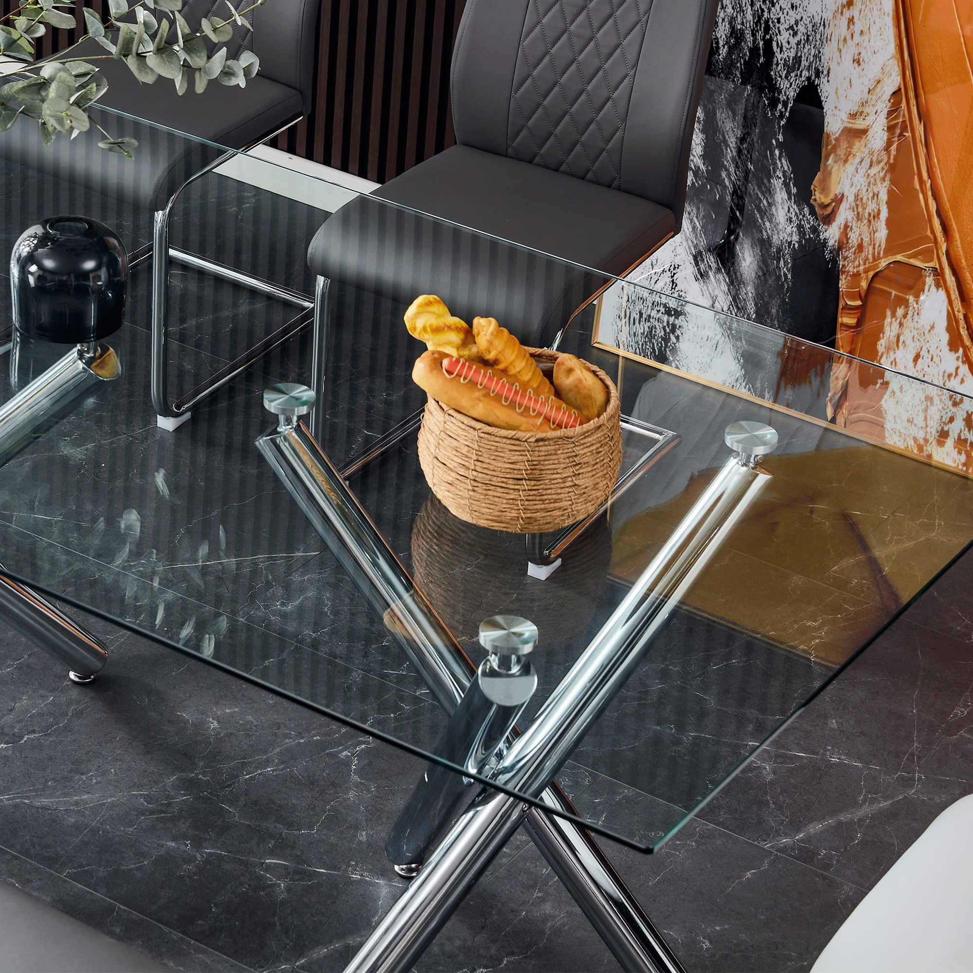Modern Minimalist Rectangular Glass Dining Table for 6-8 with 0.39" Tempered Glass Tabletop and Silver Chrome Metal Legs