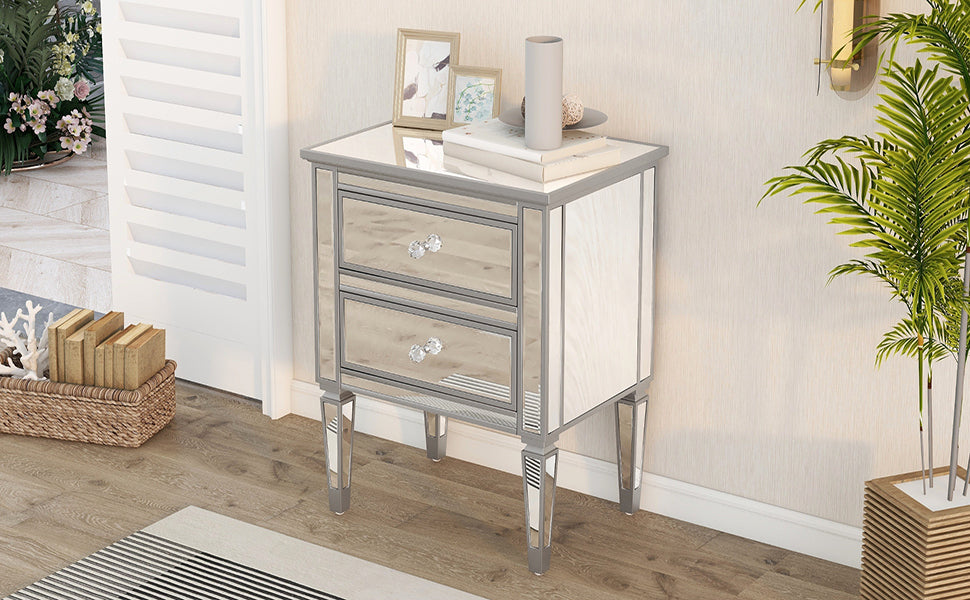 Elegant Mirrored Side Table with 2 Drawers, Modern Silver Finished