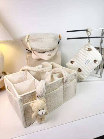Set of 3 Crossbody Bag, Pouch Full Bears and Caddy Diaper Bag for Baby Essentials - Cream