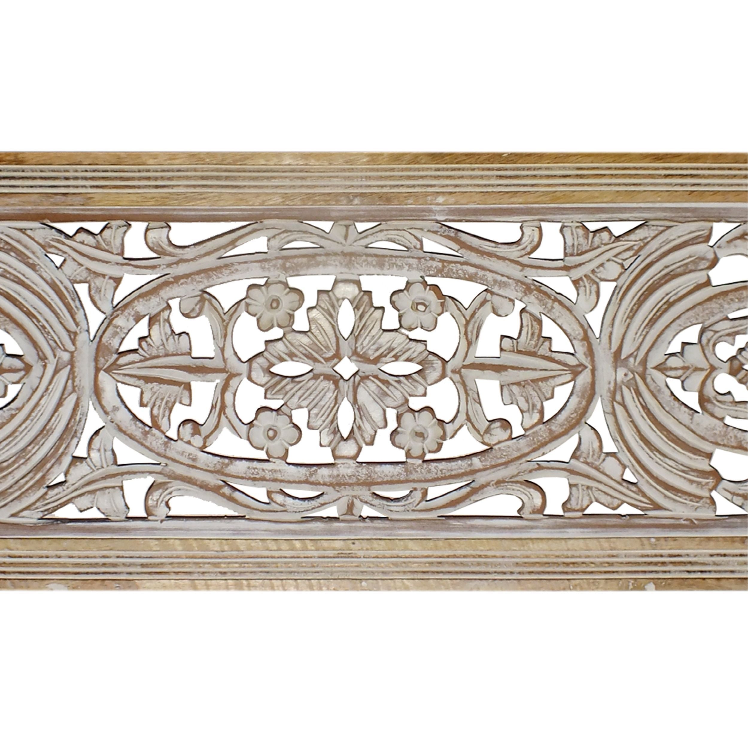 Rectangular Mango Wood Wall Panel Hand Crafted With Intricate Carving, White and Brown