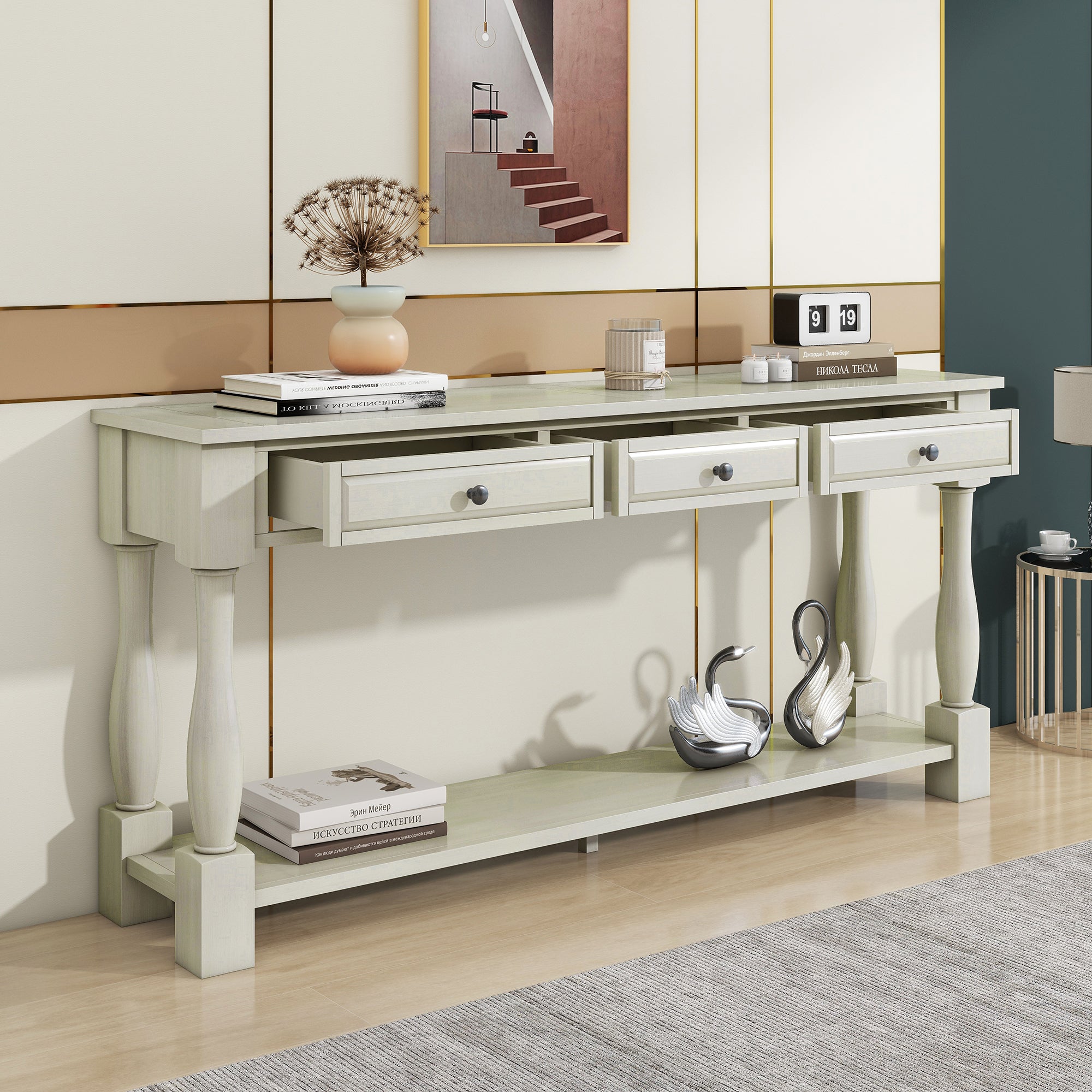 63" Long Console Table with Drawers and Shelf for Entryway, Hallway, Living Room - Antique White