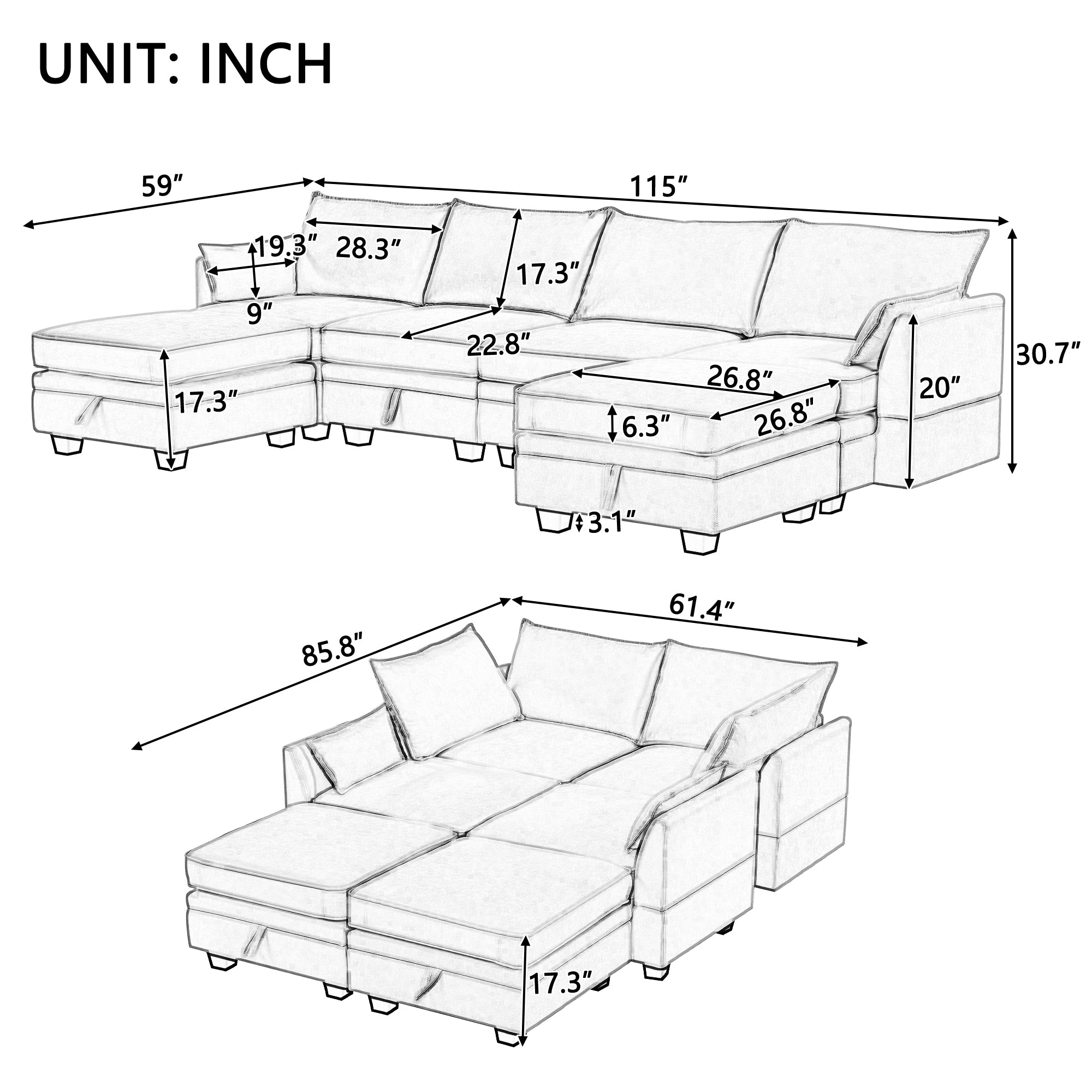 Modern Large U-Shape Modular Sectional Sofa,  Convertible Sofa Bed with Reversible Chaise - Beige