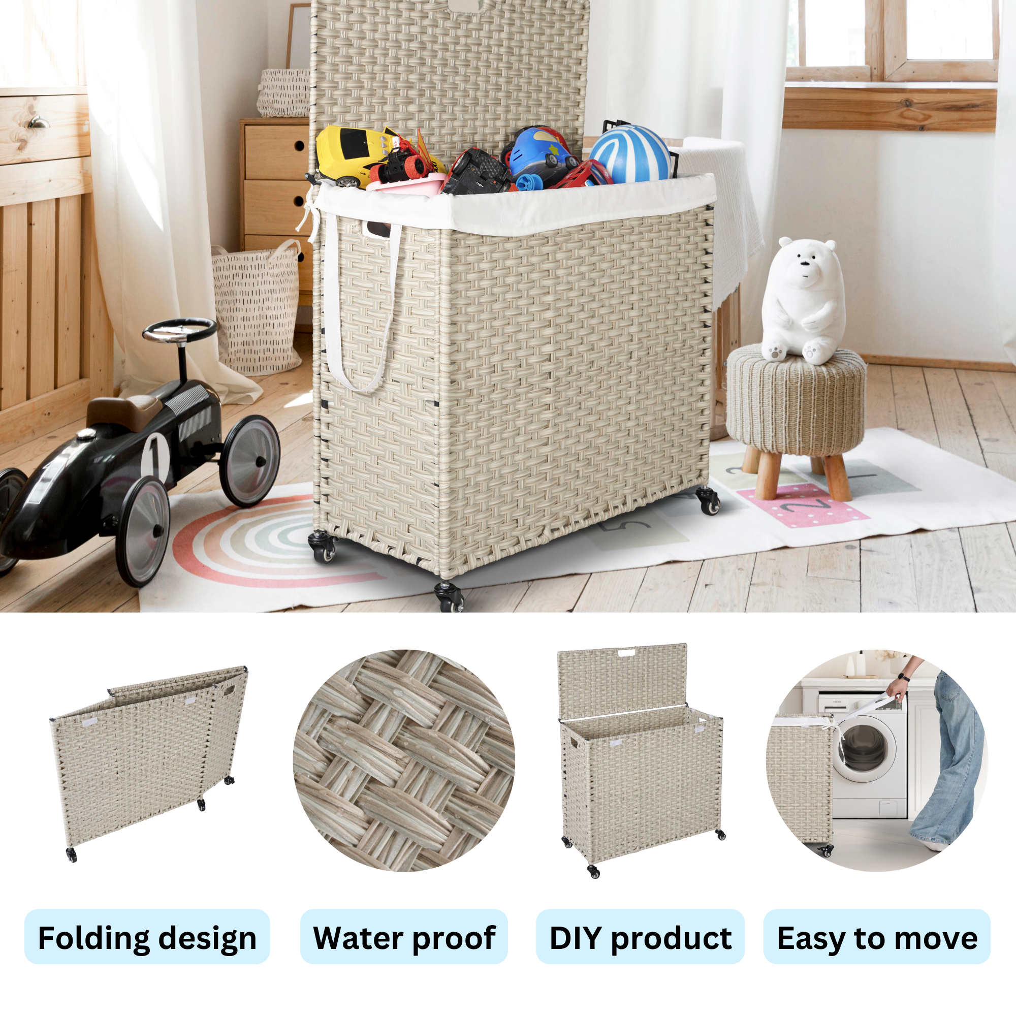 Laundry Hamper With Lid PE Rattan Powder Coating Frame Clothes Hampers with 2 Removable Bags, Wheels, 160L, Light Grey