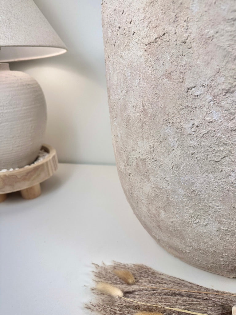 17" tall Minimalist Hand-Painted & Textured Planter Pot with Drainage Hole one time creation - cream sand wash