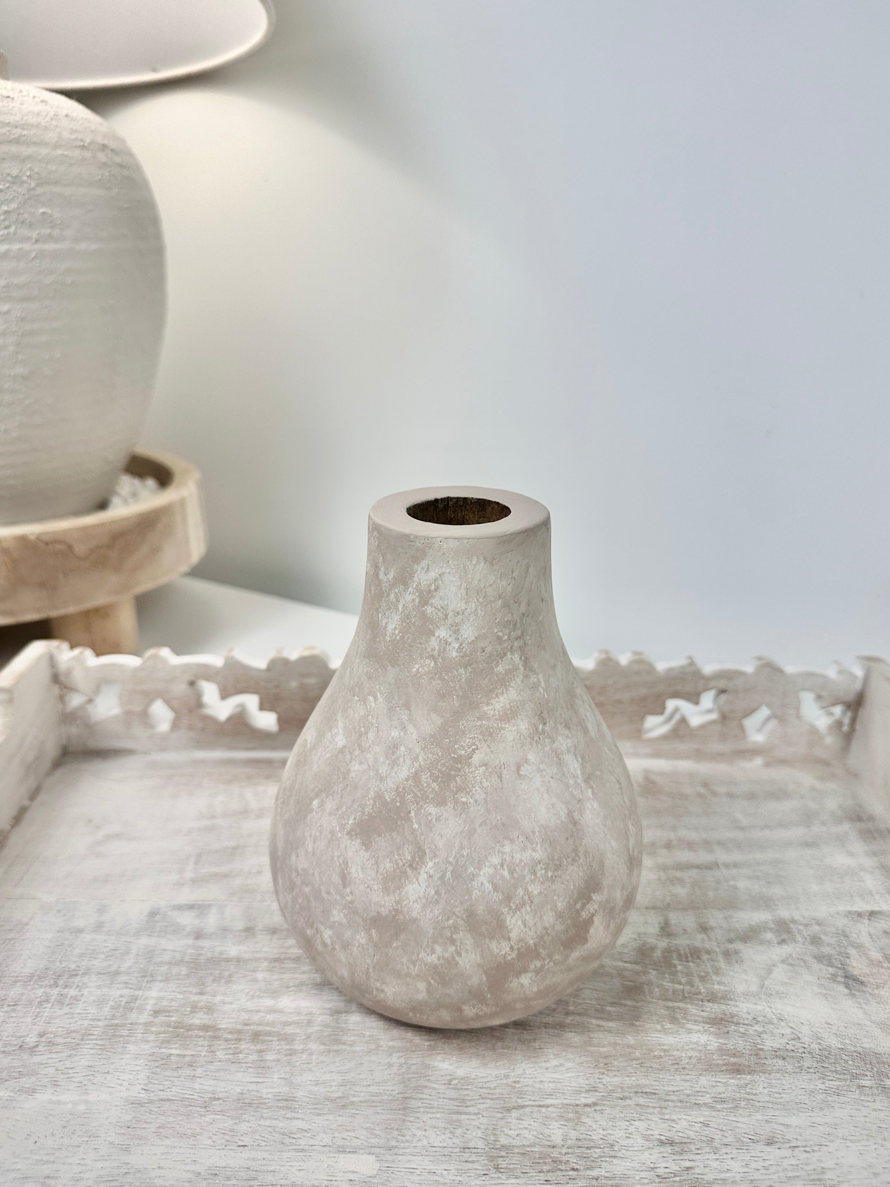 Beige Washed Wood Small Vase 6.5" tall