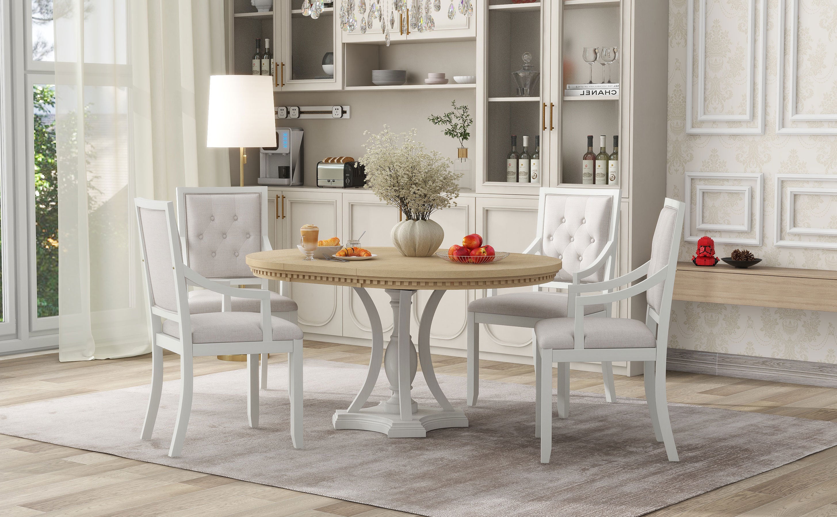 Retro 5-piece Dining Set Extendable Round Table and 4 Chairs - Oak Natural Wood + Antique White
