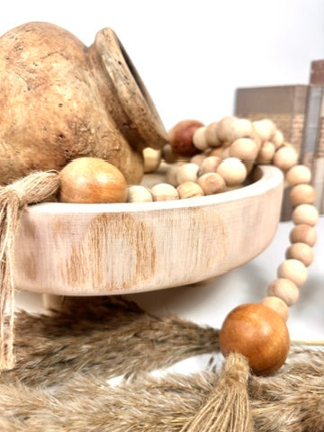 Set of 3 Decorative Accent Boho Mediterranean Style, Organic and Rustic Centerpiece Setting (Vase, Paulownia Tray and Natural Wood Bead Garland)
