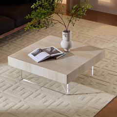 34.65'' Square Faux Travertine Pattern Coffee Table for Living Room,MDF Table,Modern Design Coffee Table with  Acrylic Legs for Office,Apartment,Easy Assembly