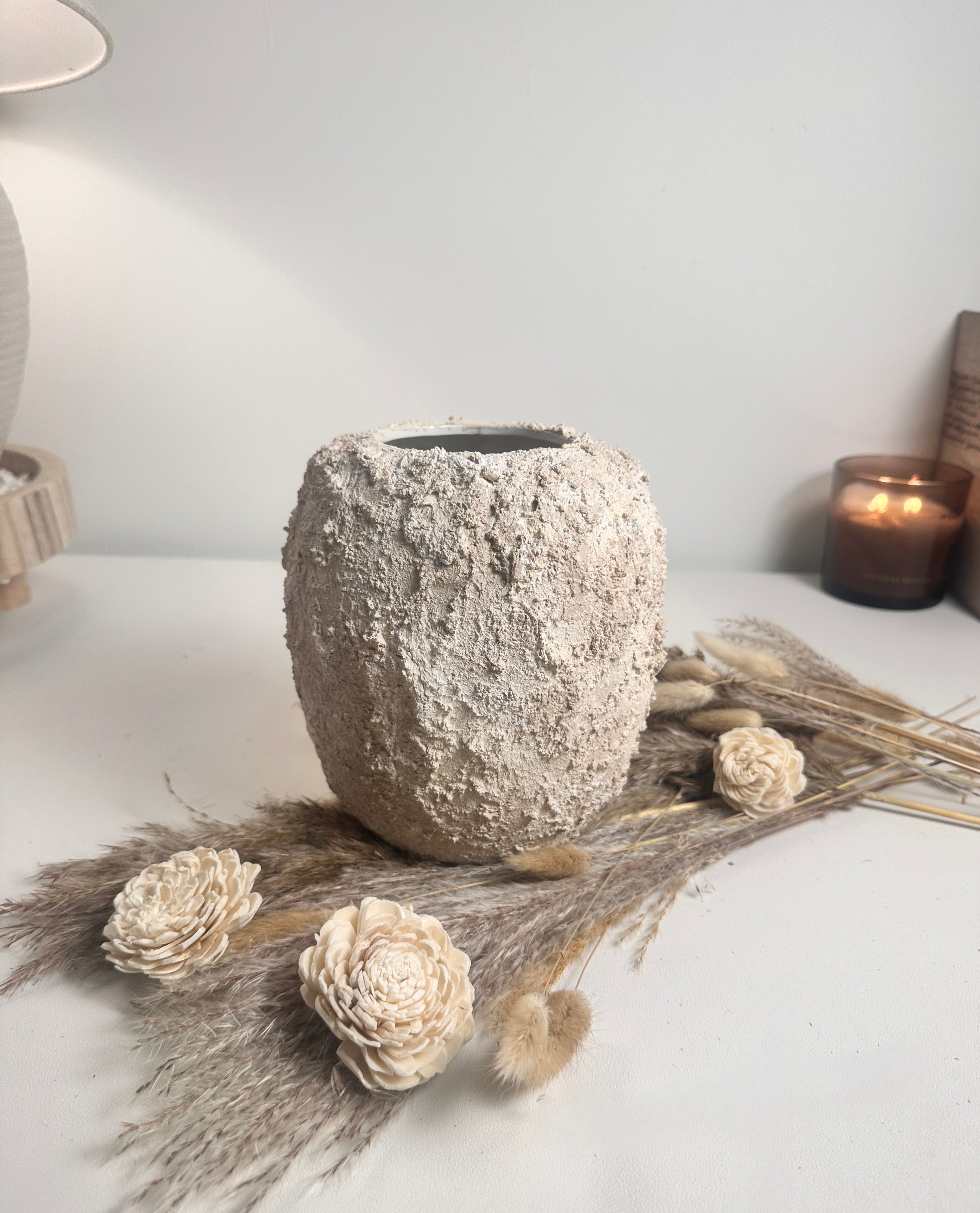 Minimalist Hand-Painted Textured Ceramic Round Vase 7" tall - cream sand wash