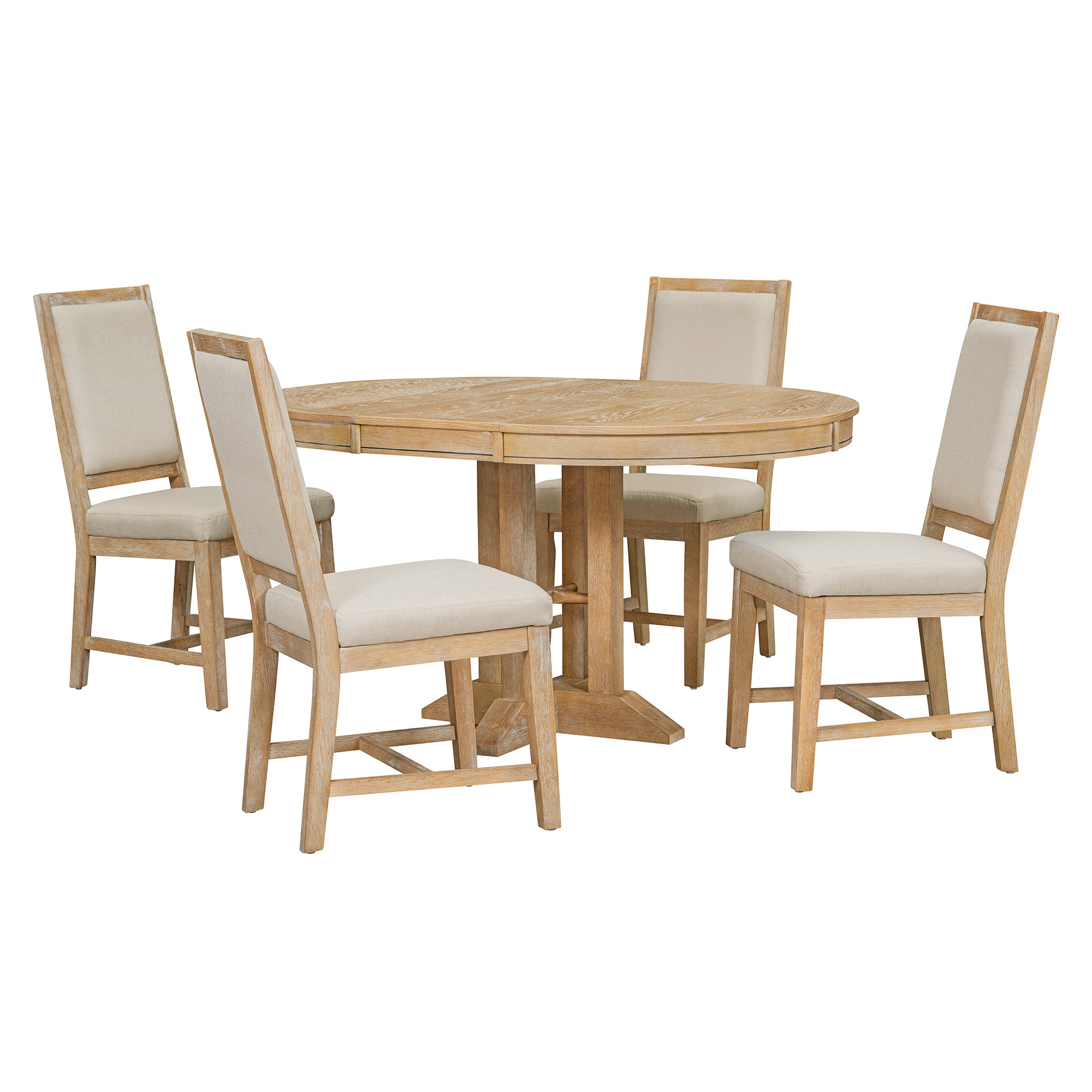 5-Piece Dining Set Extendable Round Table and 4 Chairs Farmhouse Dining Set - Natural Wood Wash