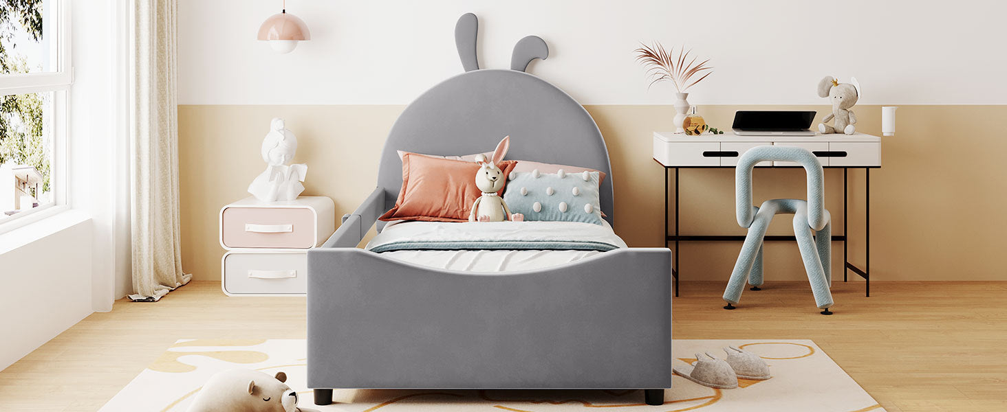 Twin Size Upholstered Daybed with Rabbit Ear Shaped Headboard - Gray