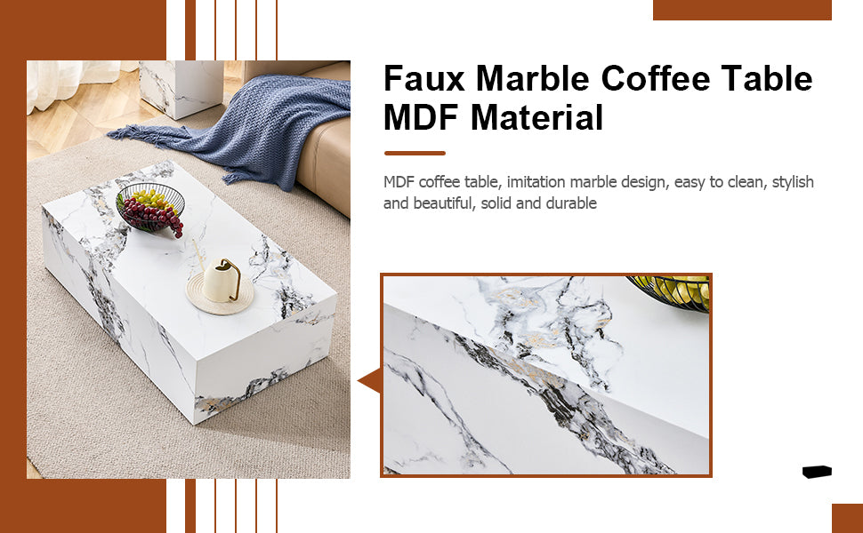 Modern Coffee Table with Marble Pattern - White
