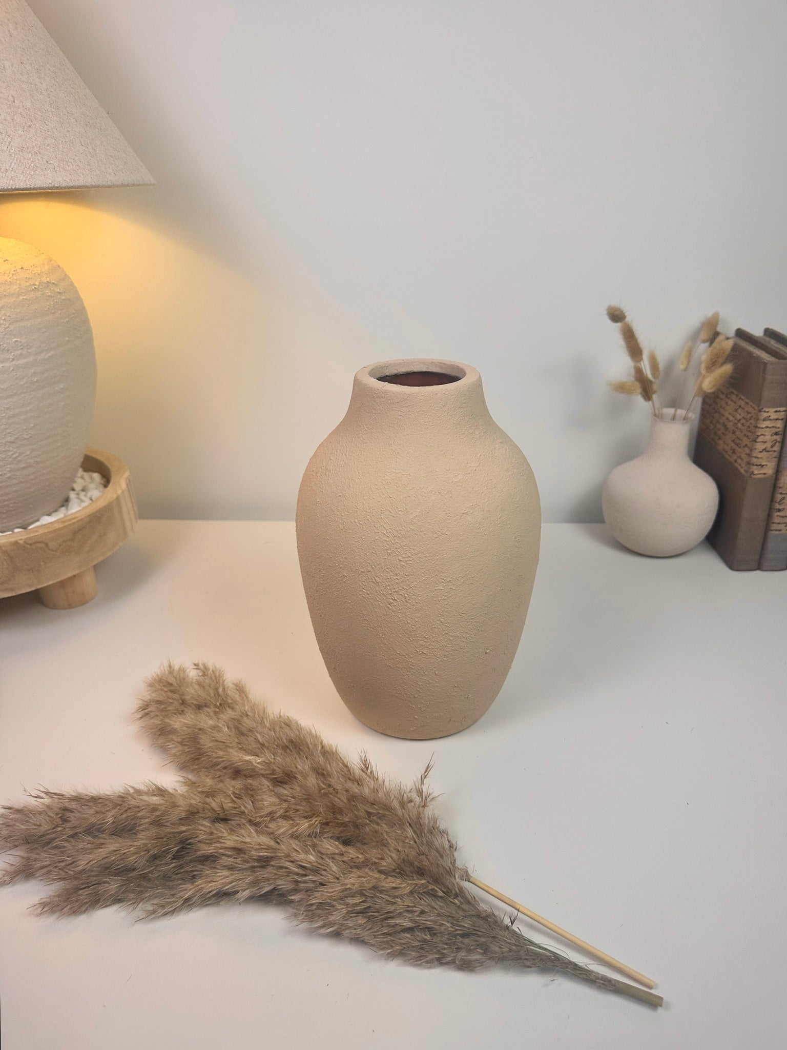 Minimalist Textured and Hand-Painted Ceramic Vase 10.5" tall -  Sand Tan