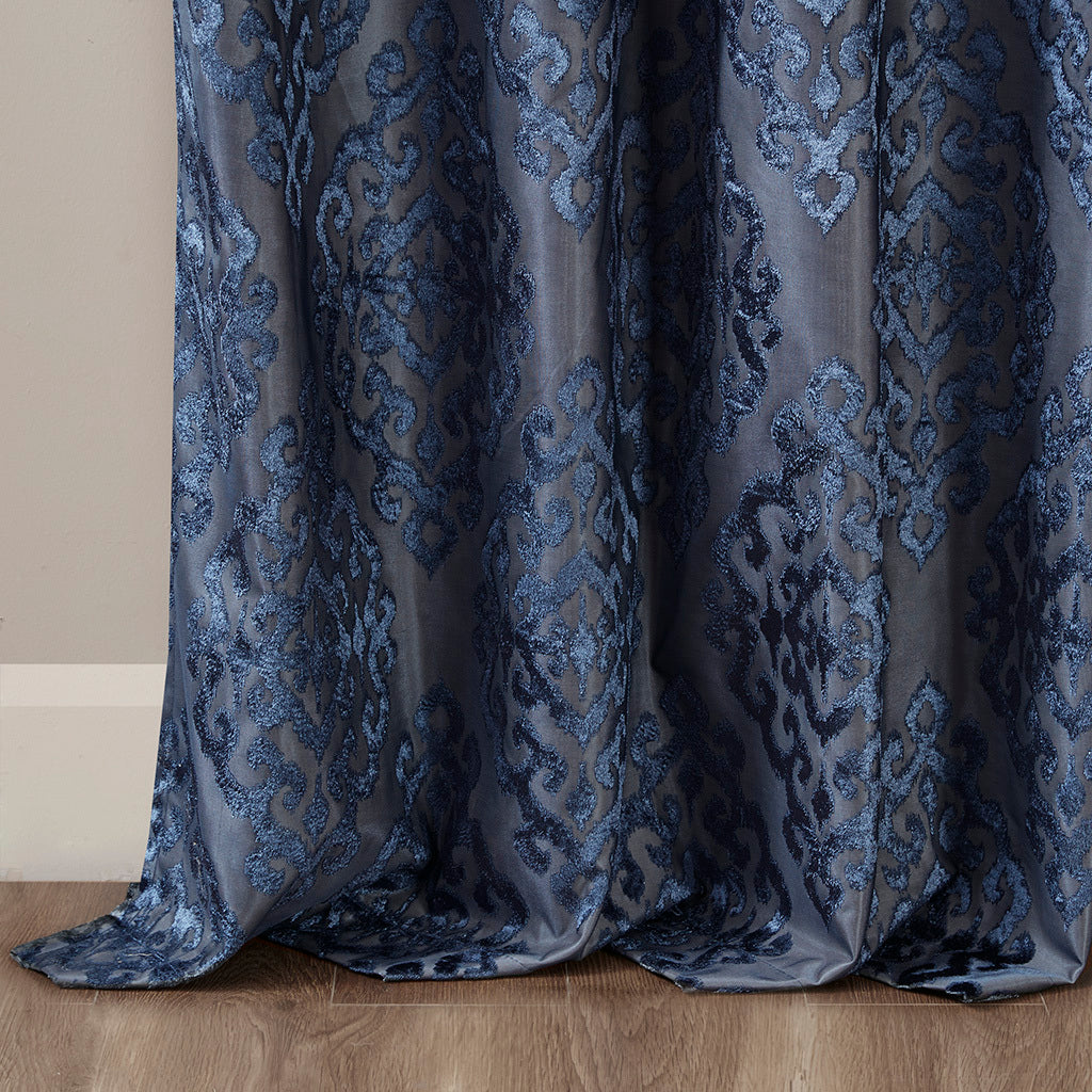 Knitted Jacquard Damask Total Blackout Grommet Top Curtain Panel - Navy