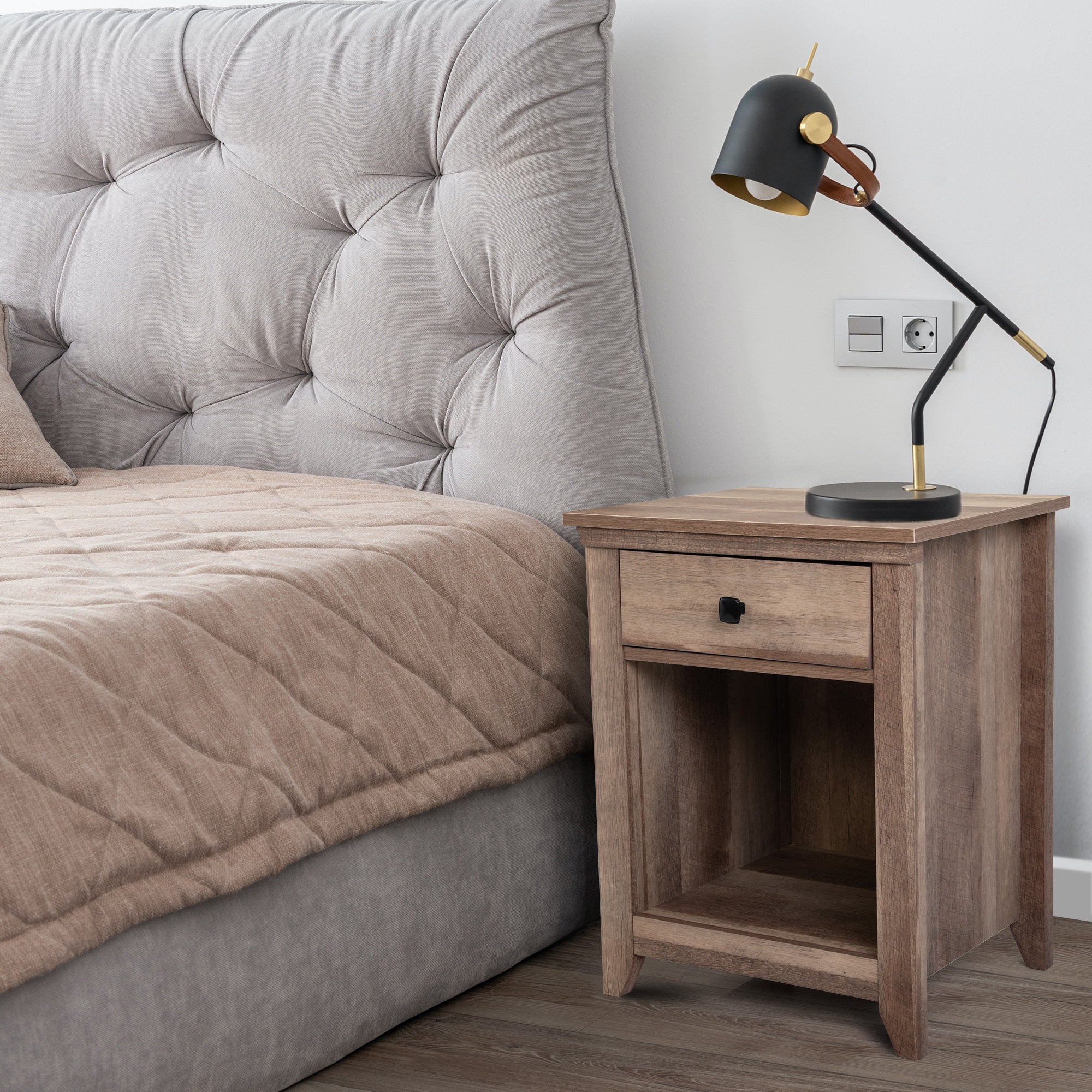 Farmhouse Nightstand, Bedside Table with Drawer and Shelf - Light Brown