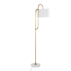 63" Glam/Art Deco Metal Floor Lamp in White Marble and Gold Metal with White Linen Shade