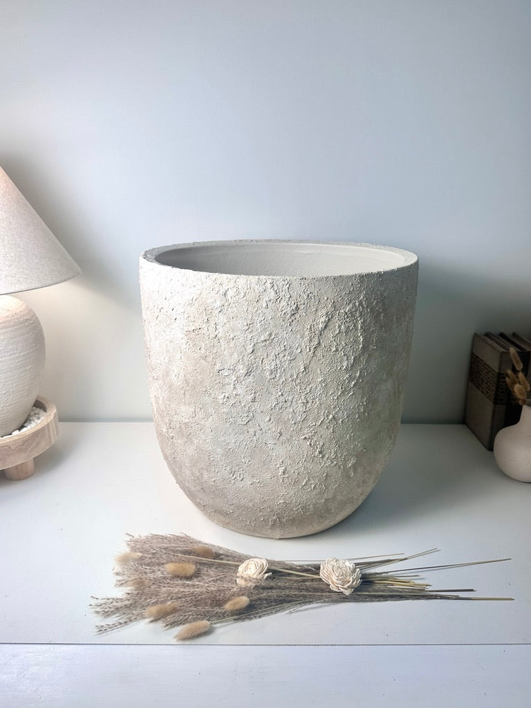 17" tall Minimalist Hand-Painted & Textured Planter Pot with Drainage Hole one time creation - cream sand wash