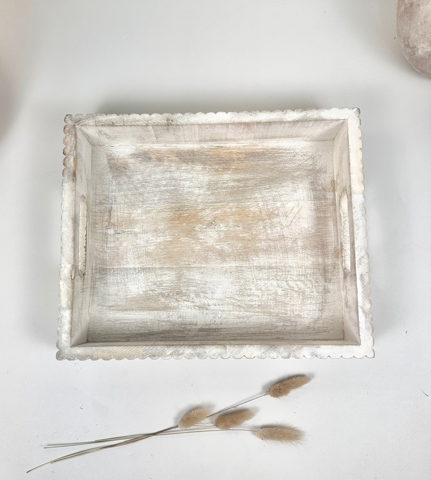 Boho Handmade Serving Wooden Tray Whitewash Finish with Stripes 12x10x2.5”