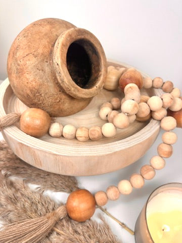 Set of 3 Decorative Accent Boho Mediterranean Style, Organic and Rustic Centerpiece Setting (Vase, Paulownia Tray and Natural Wood Bead Garland)