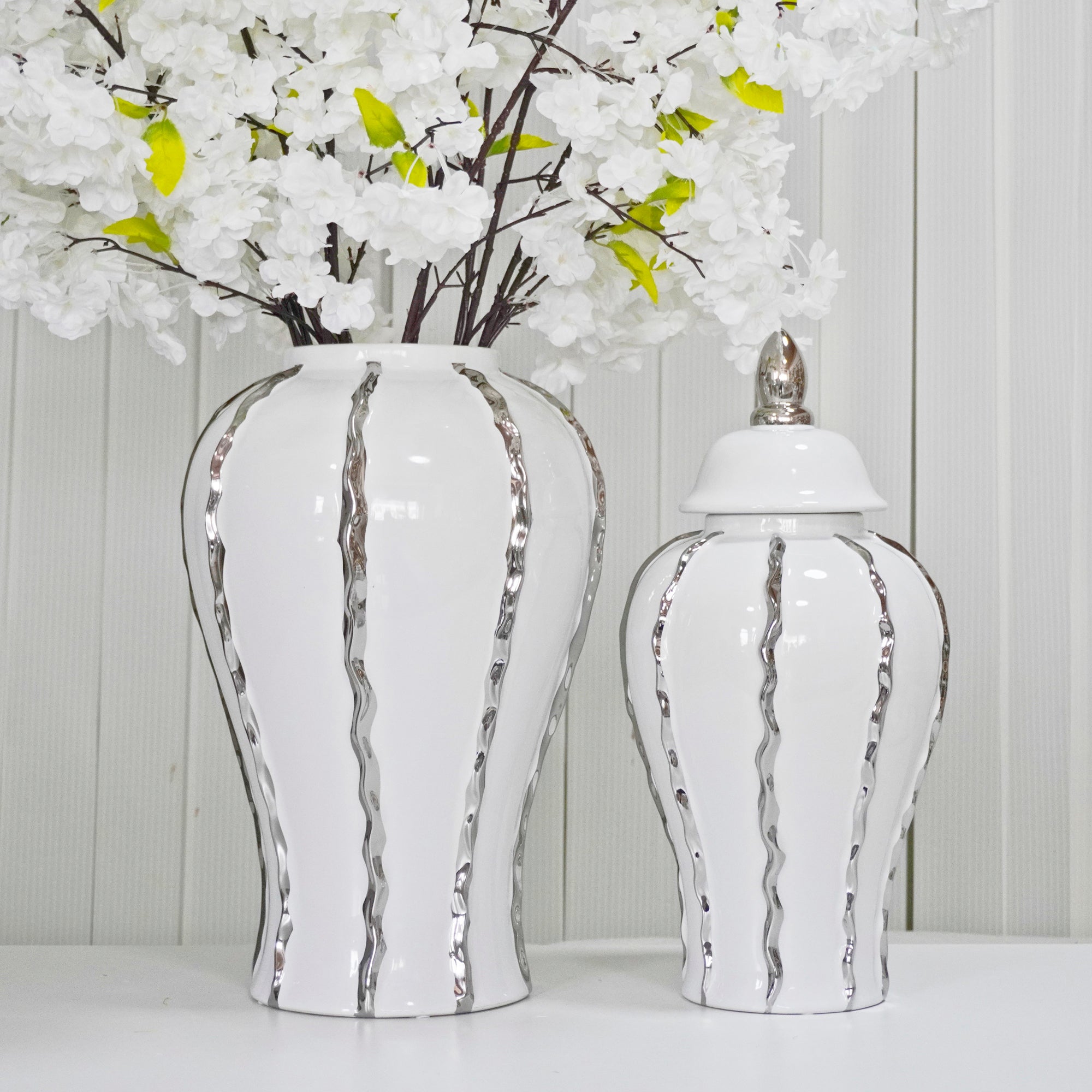 18.50"H White Ginger Jar with Silver Ornament