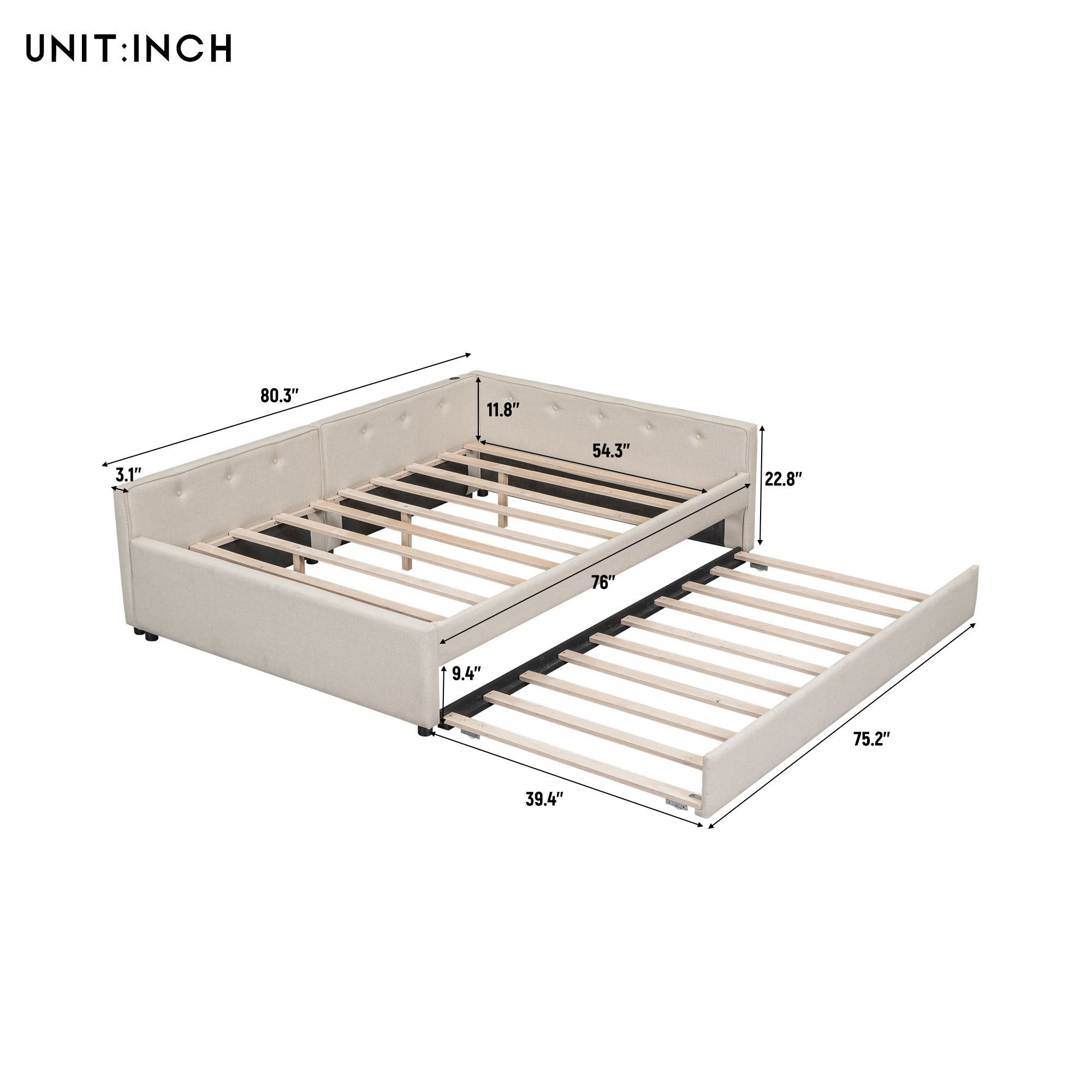 Full Size Upholstered Platform Bed with USB and Twin Size Trundle - Beige
