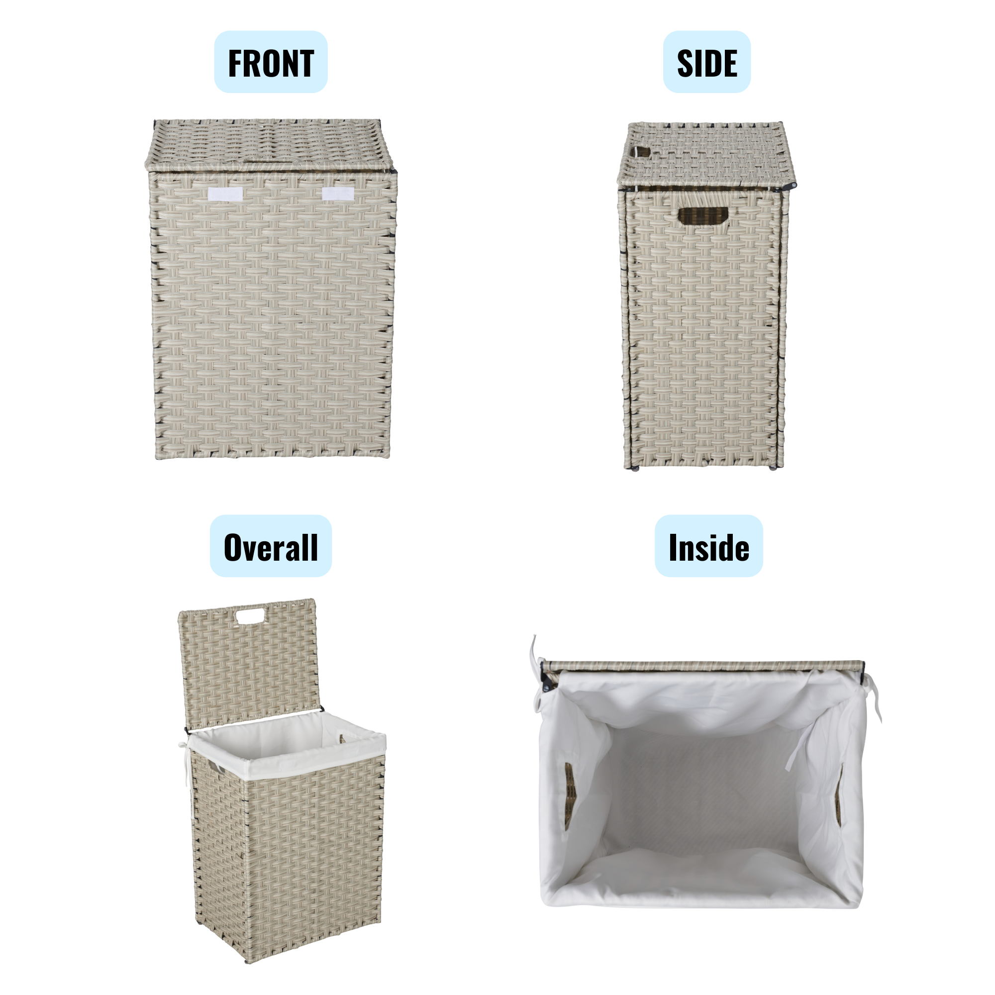 Laundry Hamper With Lid PE Rattan Powder Coating Frame Clothes with 2 Removable Bags, 100L - Light Grey