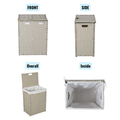Laundry Hamper With Lid PE Rattan Powder Coating Frame Clothes with 2 Removable Bags, 100L - Light Grey