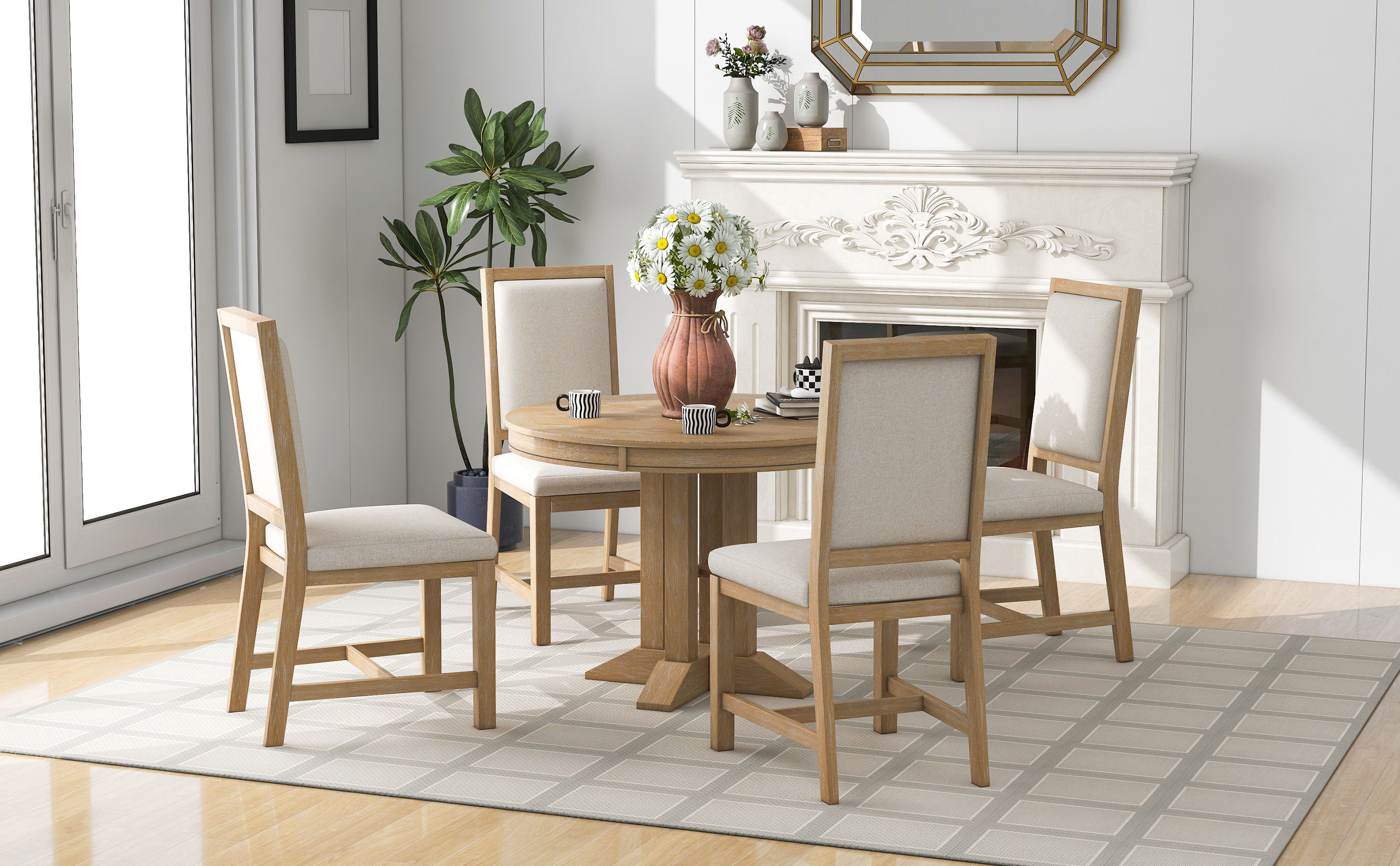 5-Piece Dining Set Extendable Round Table and 4 Chairs Farmhouse Dining Set - Natural Wood Wash