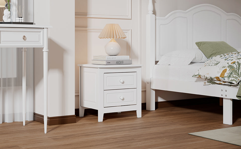 Mid Century Retro Bedside Table with Classic Design 2-Drawer Nightstand - White
