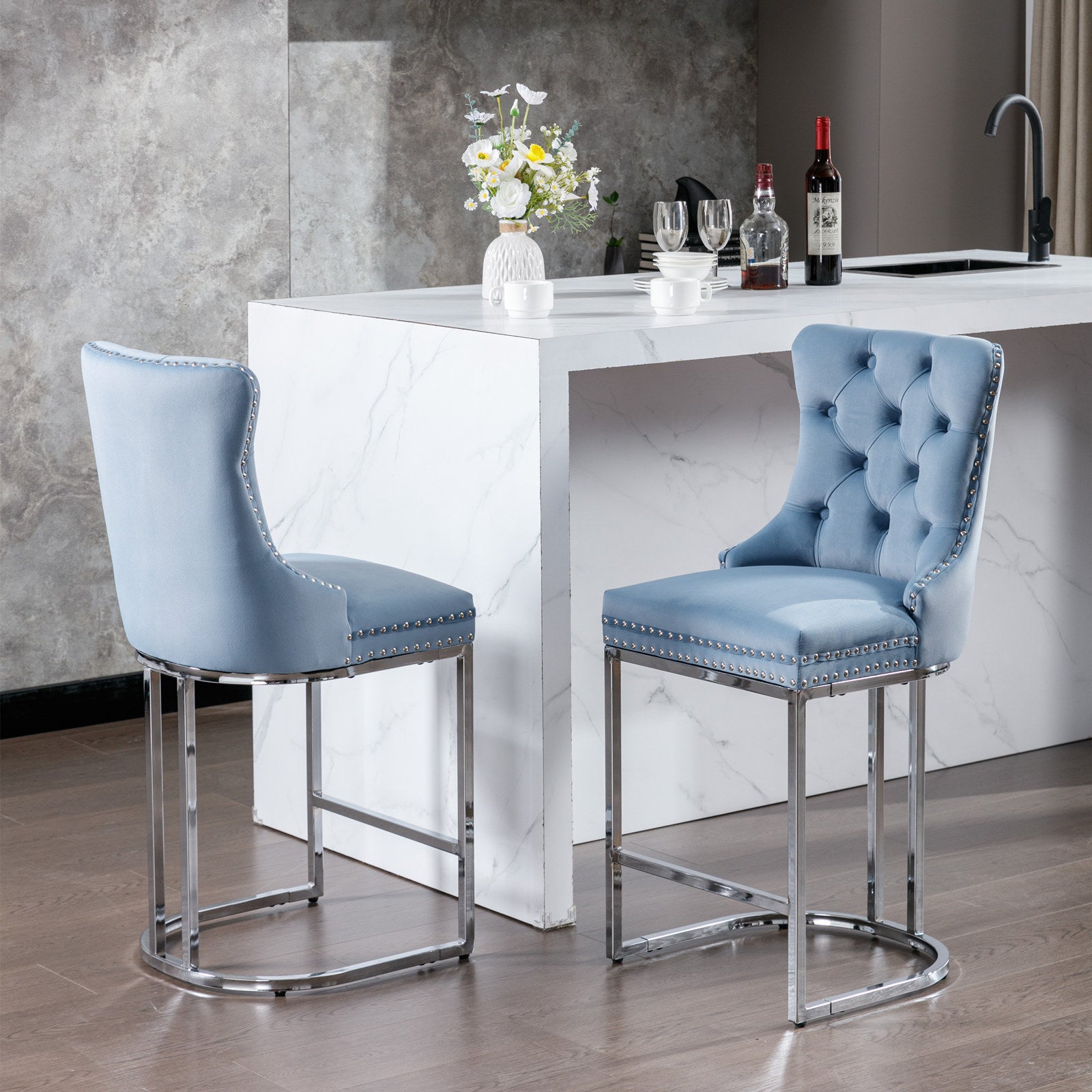 Modern Velvet Barstools  26" Counter Height Bar Stools (Set of 2) - Light Blue