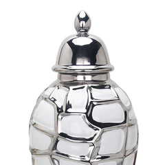 16"H Regal White and Silver Ceramic Decorative Ginger Jar