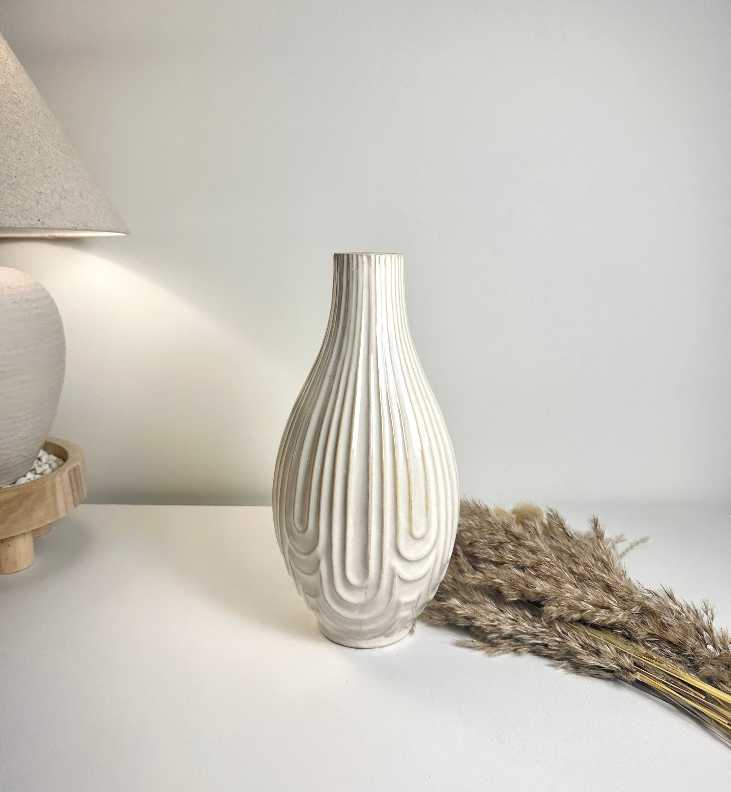 Contemporary Ceramic Ribbed Arc Vase 14"- White