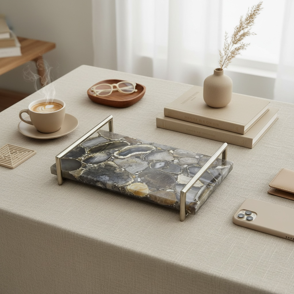 Gemstone mosaic style tray with Gold handle