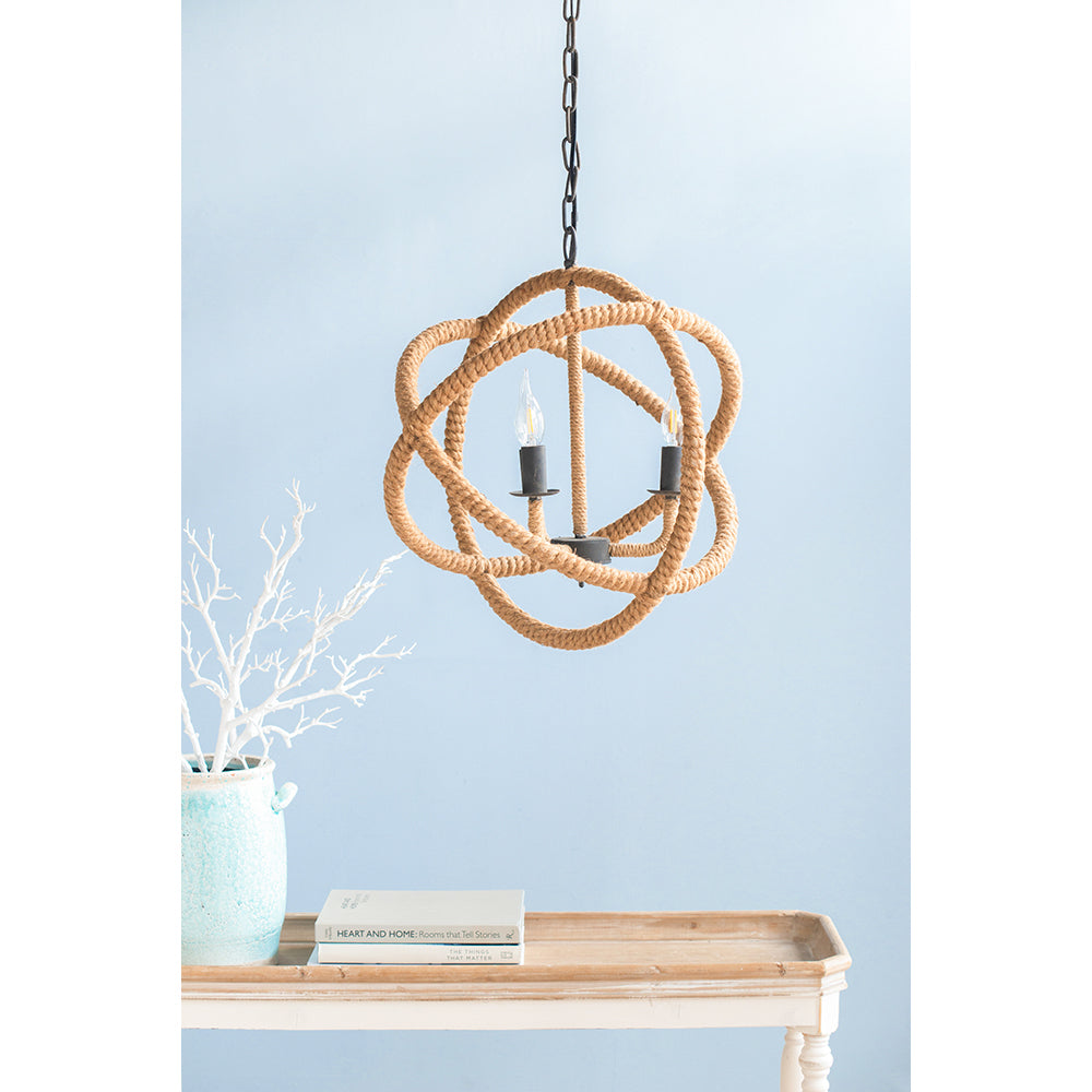 3-Light Farmhouse Chandelier, Rope Chandelier Globe Hanging Light Fixture with with Adjustable Chain