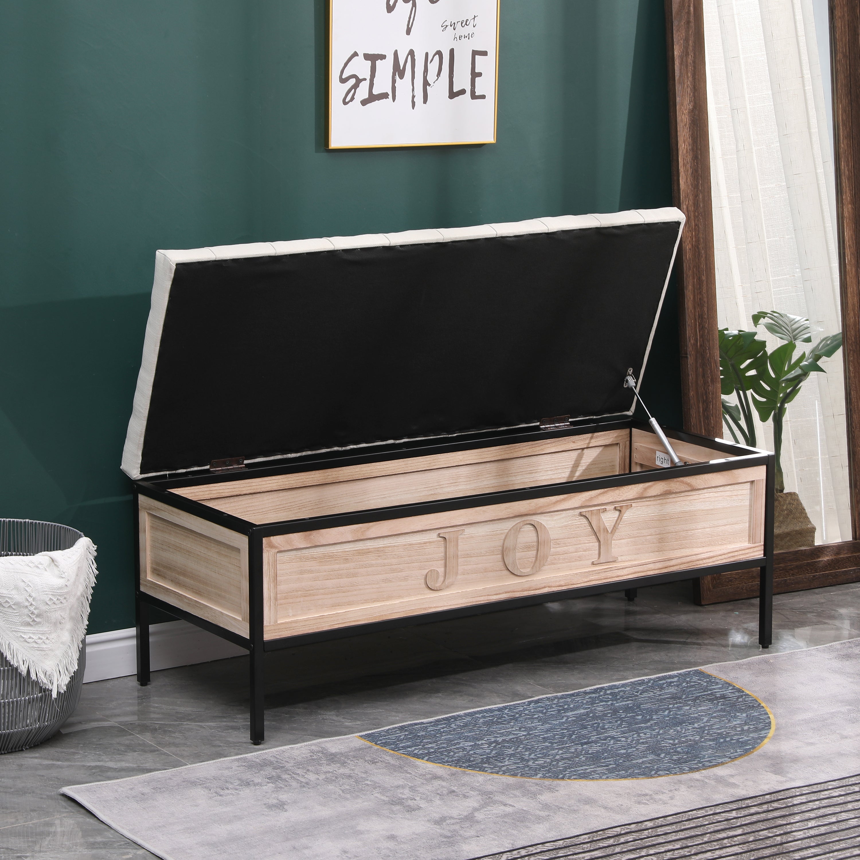Wooden JOY Storage Bench Upholstered Benches 48'' Rectangular Ottoman - Beige