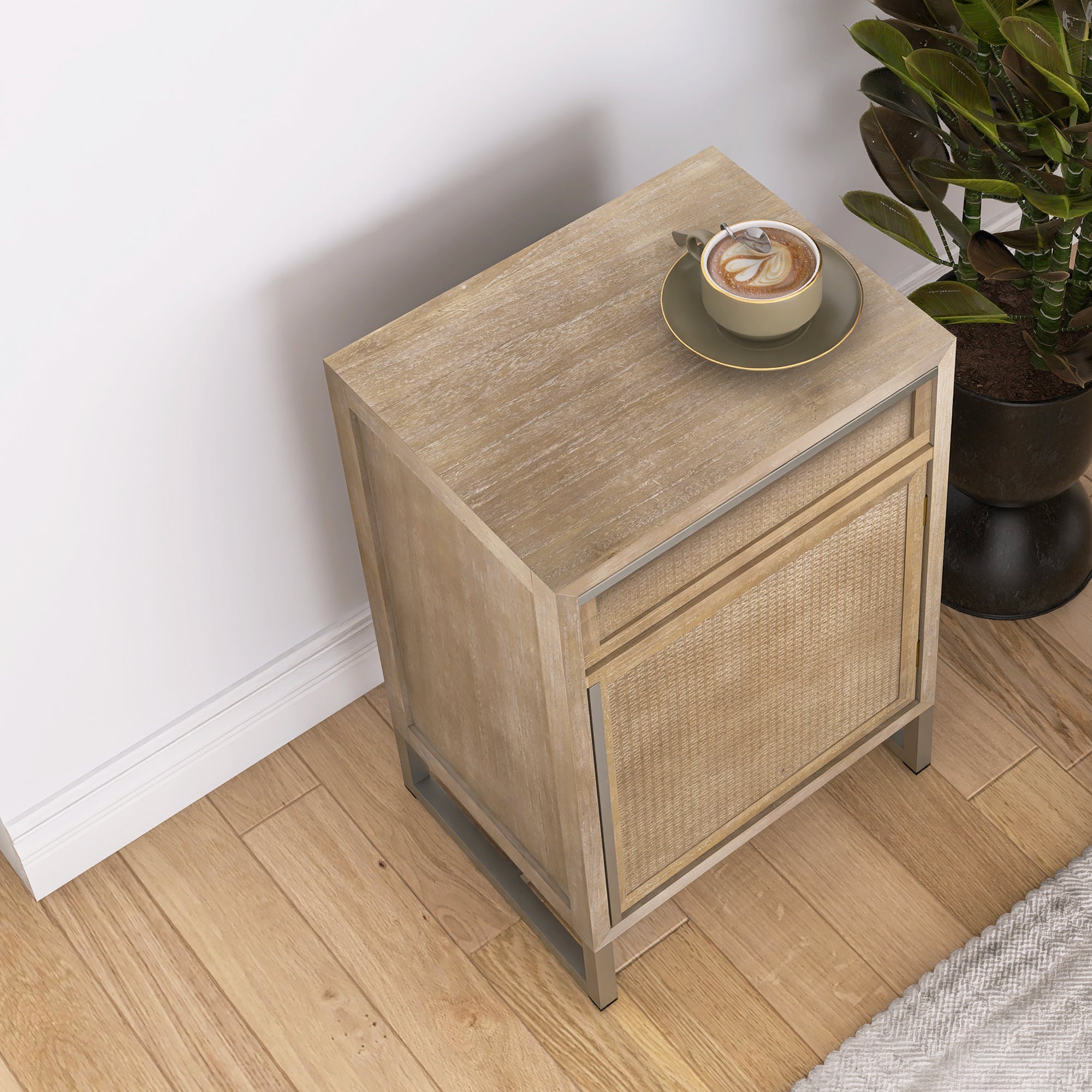 Handwoven End Table with Drawer, Cabinet, and Artisanal Wood Finish - No Assembly Required