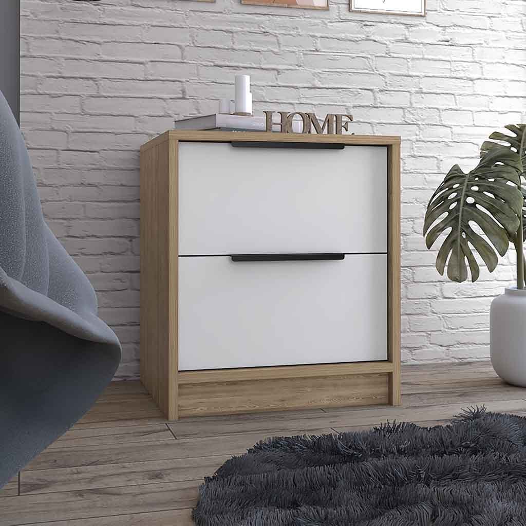 Nightstand Cervants, Two Drawers, Metal Handle - White / Pine Finish