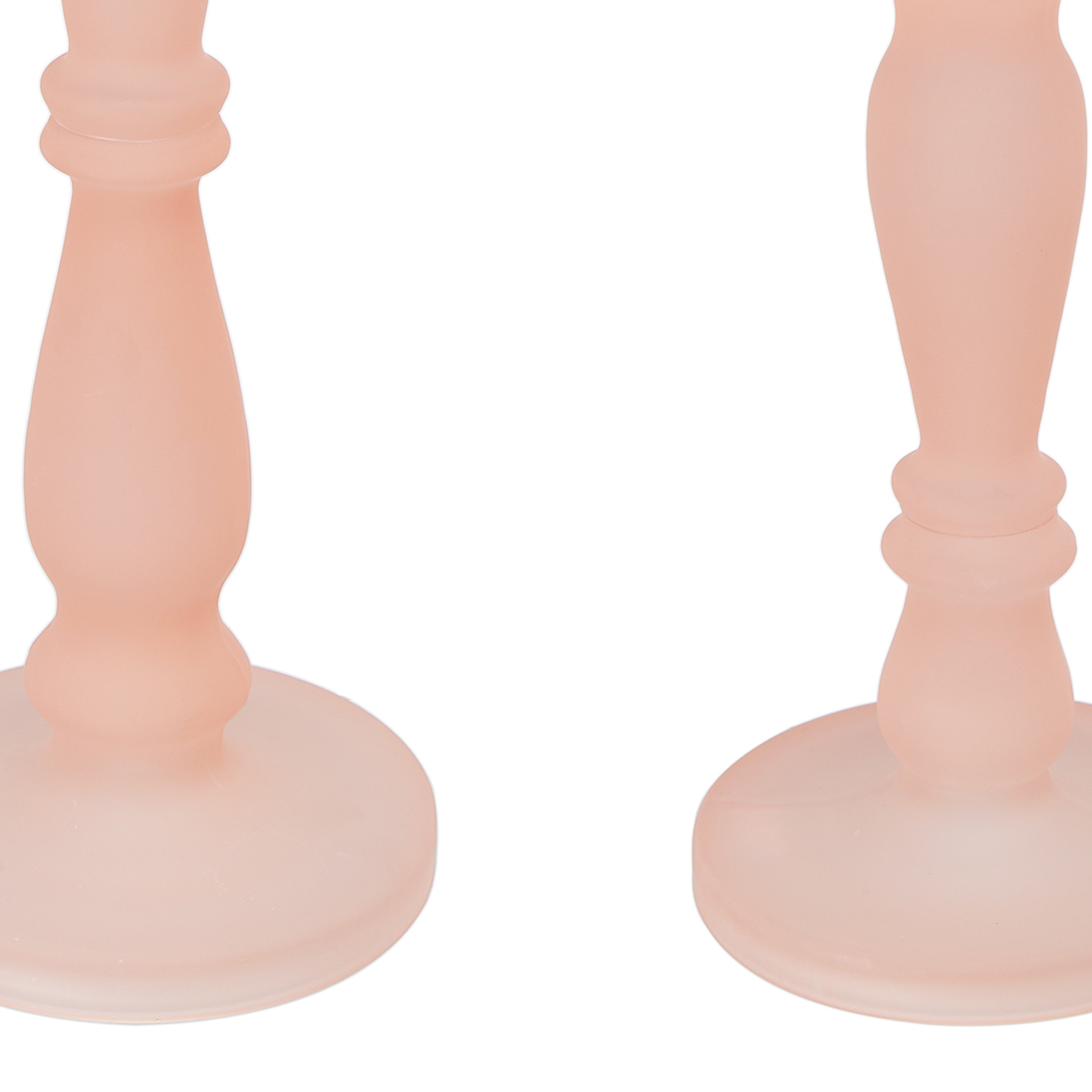 Set of 2 Candle Holders, Rose Pink Turned Pedestal Glass
