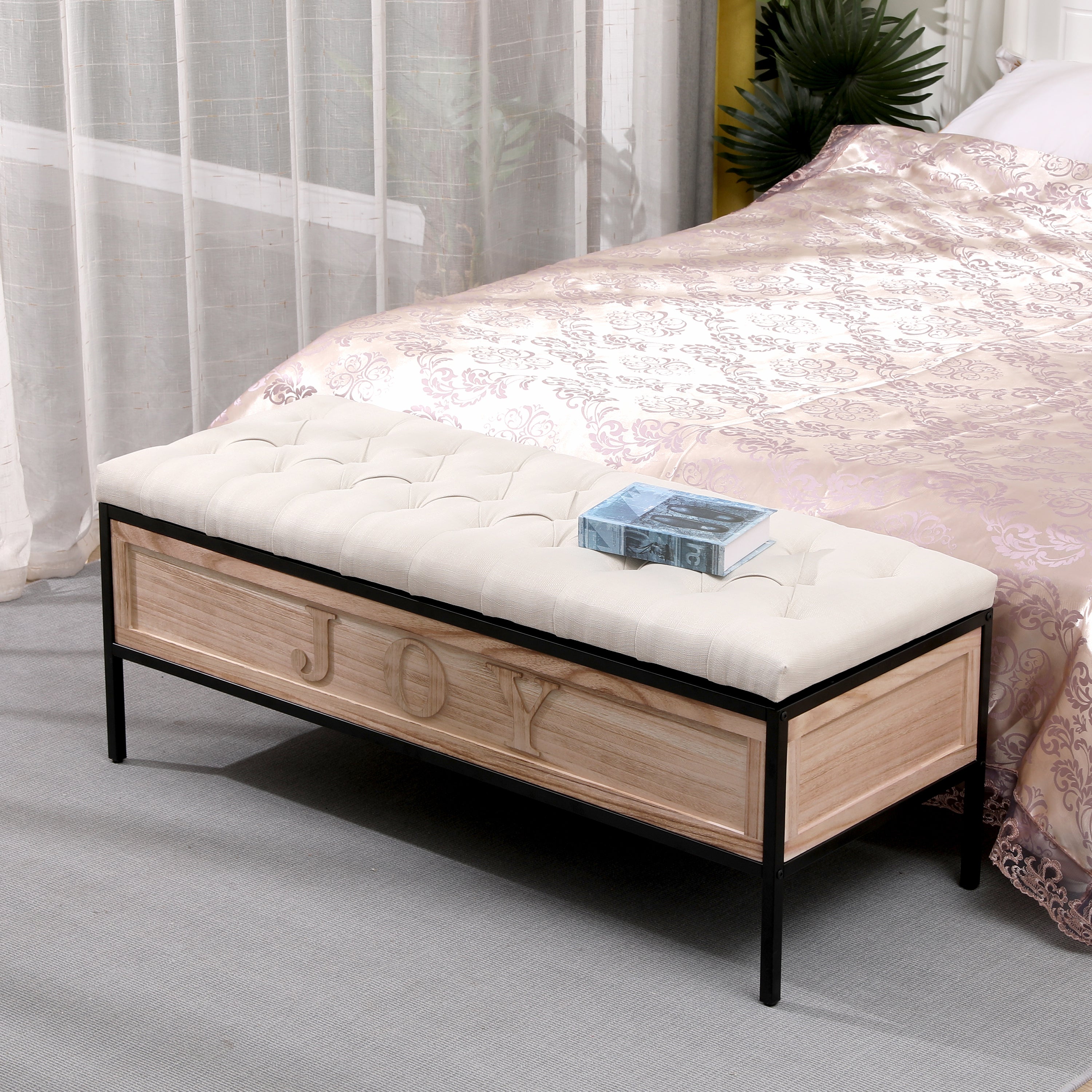 Wooden JOY Storage Bench Upholstered Benches 48'' Rectangular Ottoman - Beige
