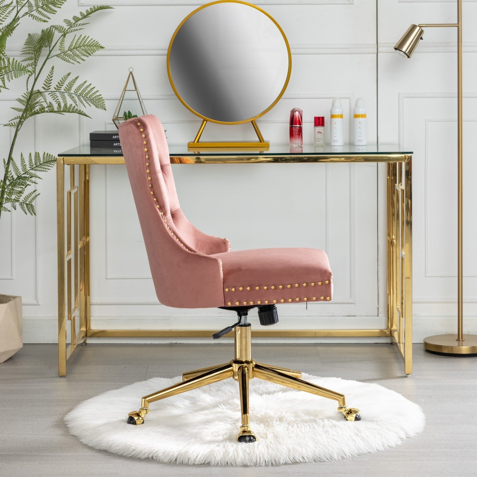 Velvet Upholstered Tufted Button Home Office Chair with Golden Metal Base, Adjustable Desk Chair Swivel Office Chair - Pink