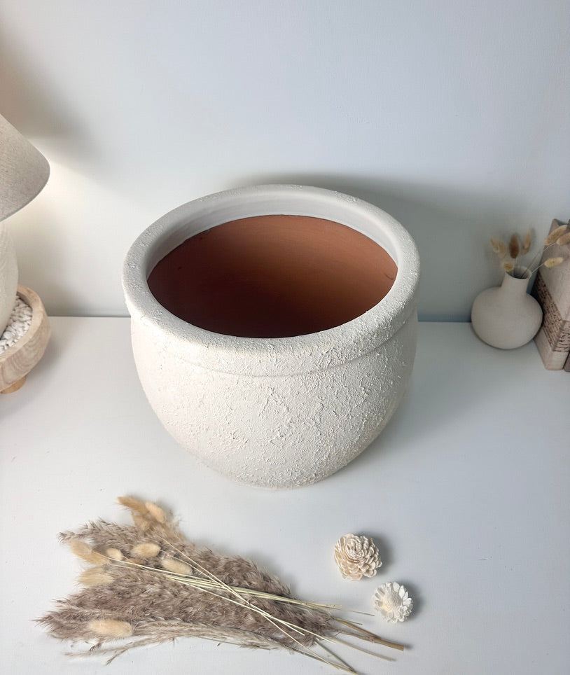 Minimalist Hand-Painted & Textured Planter Pot 12" tall with drainage hole one time creation - Cream