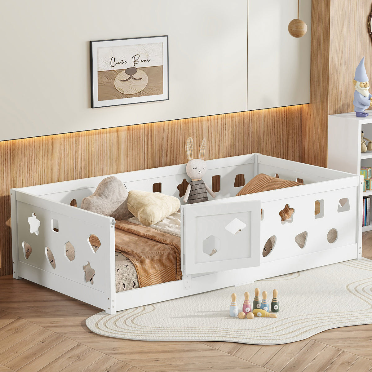 Twin Size Floor Bed with Heightened Safety Guardrails and Door, Solid Wood Bedframe with Rails for Girls, Boys, Teens, Child Bedroom, Kids Playroom, No Slats Included, White
