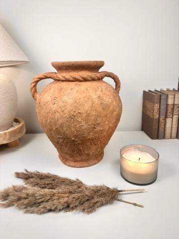 Stunning Roman Style Ceramic Vase Textured and Hand-Painted 15" tall - Brown Terracotta Color