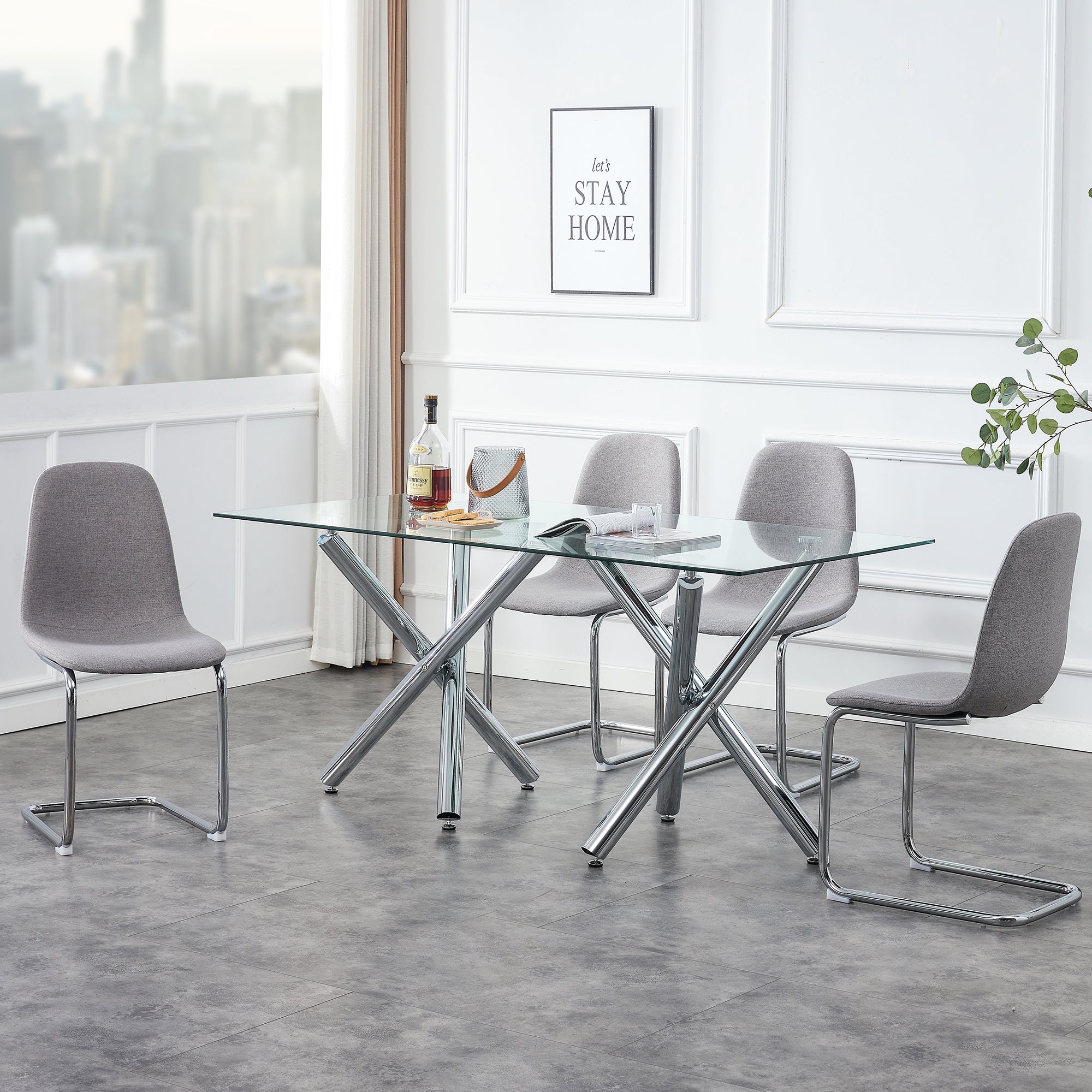 Modern Minimalist Rectangular Glass Dining Table for 6-8 with 0.39" Tempered Glass Tabletop and Silver Chrome Metal Legs