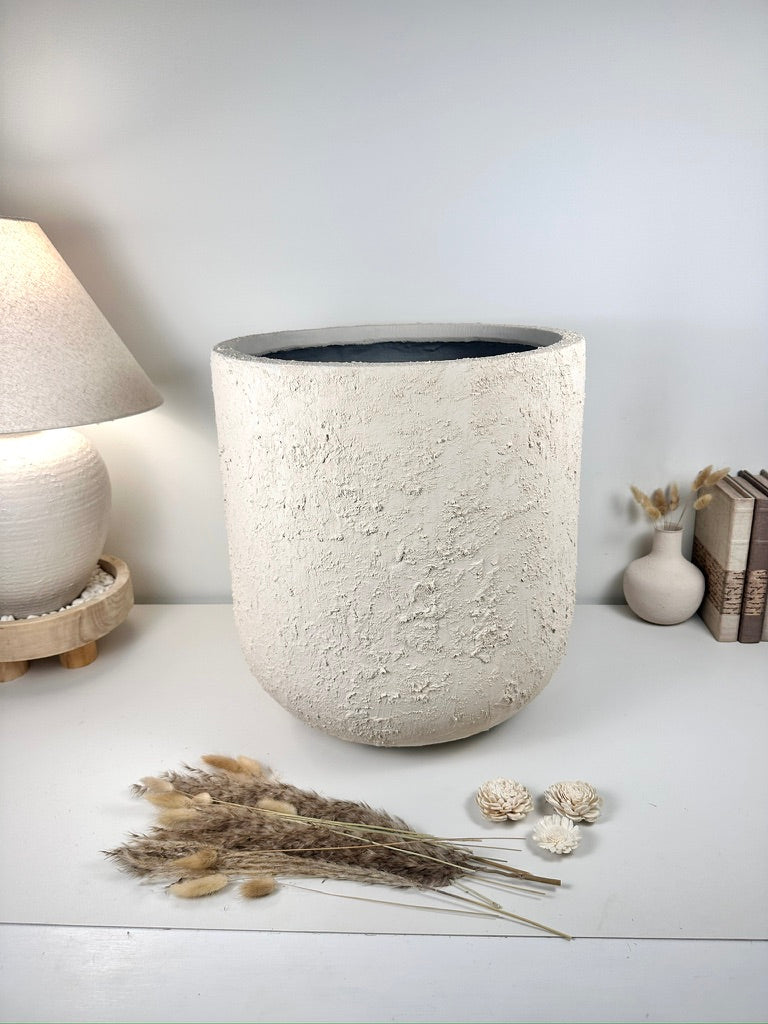 Minimalist Hand-Painted & Textured Planter Pot 17.5" tall with drainage hole one time creation - cream