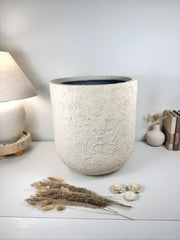 Minimalist Hand-Painted & Textured Planter Pot 17.5" tall with drainage hole one time creation - cream