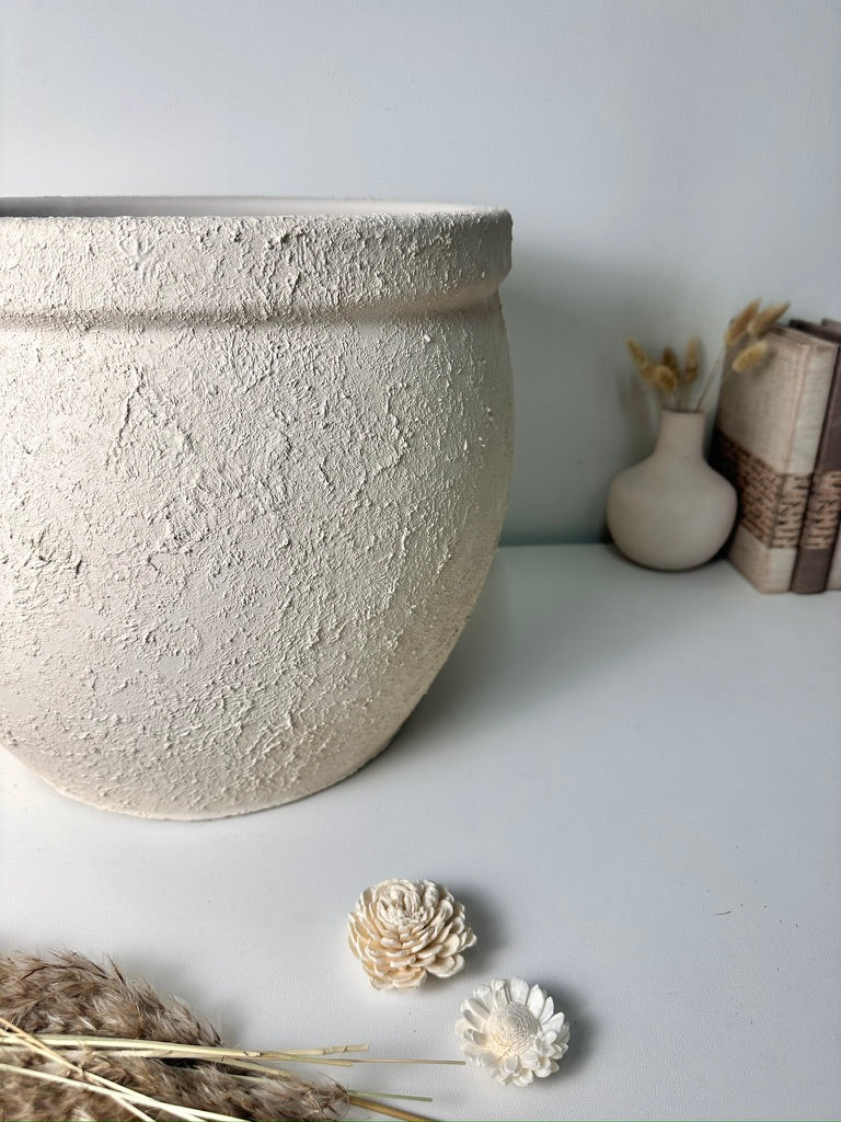 Minimalist Hand-Painted & Textured Planter Pot 12" tall with drainage hole one time creation - Cream