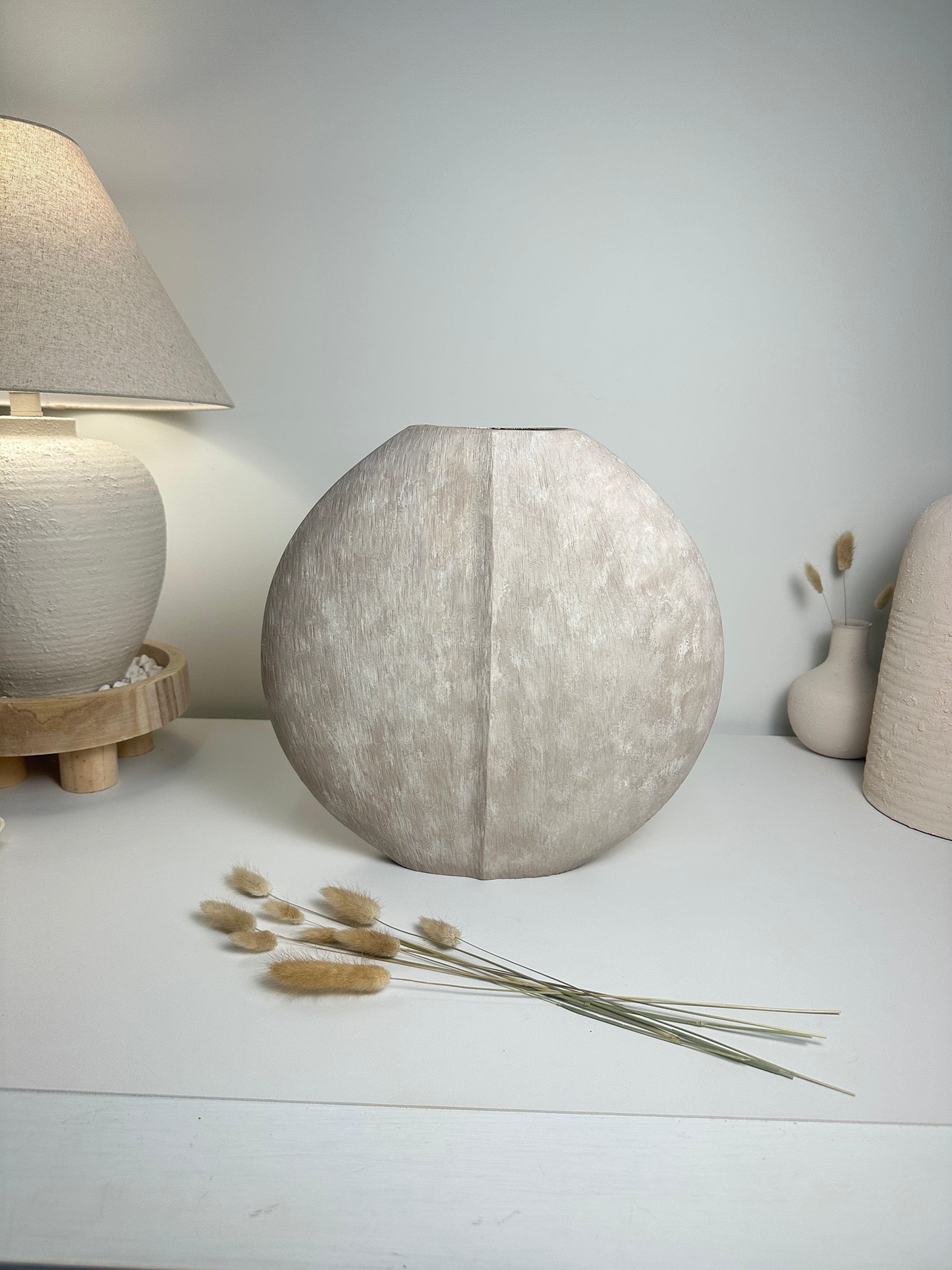 Modern Round metallic Beige Washed vase 14” tall